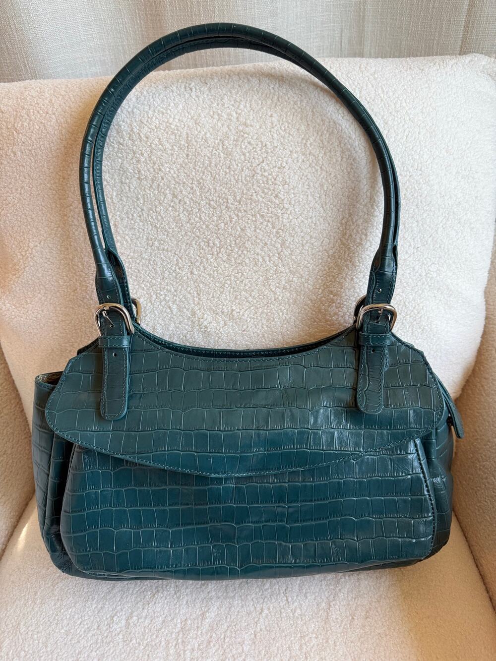 Maxx New York Shoulder Bag Women's Teal Crocodile-Embossed Leather Flap Pocket